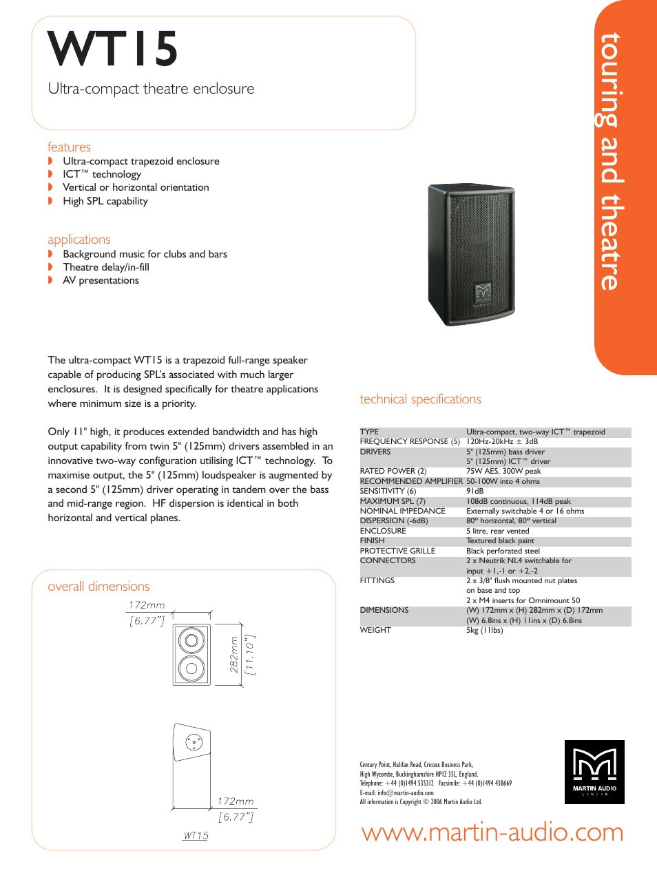 Martin Audio Touring and Theatre WT15 User Manual | 1 page