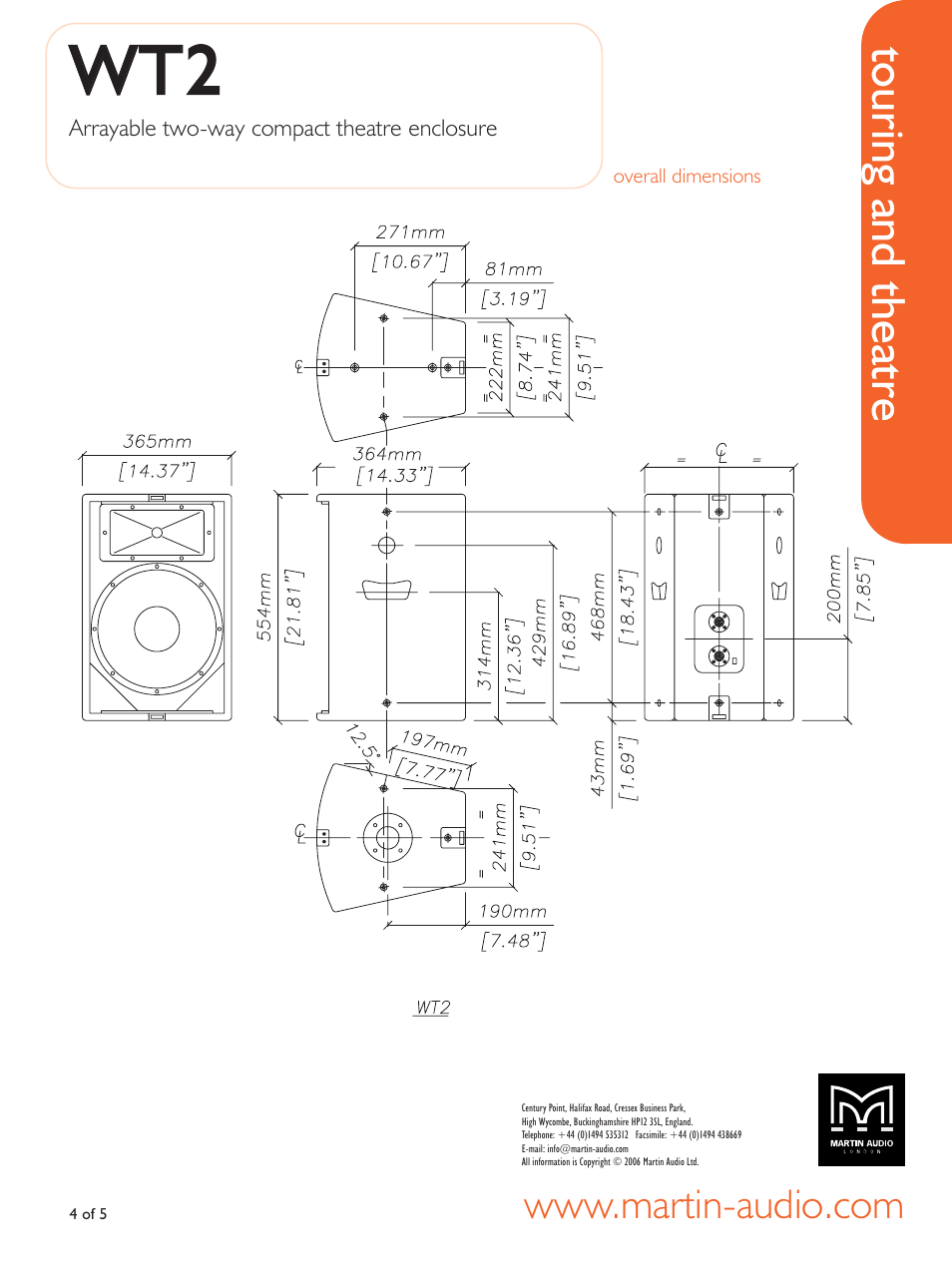 Overall dimensions, Wwt t2 2, Touring and theatre | Martin Audio WT2 User Manual | Page 4 / 5