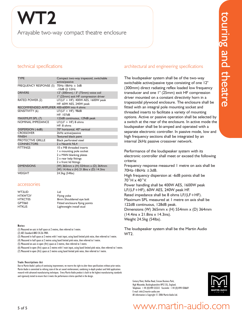 Technical specifications, Architectural and engineering specifications, Accessories | Wwt t2 2, Touring and theatre, Arrayable two-way compact theatre enclosure | Martin Audio WT2 User Manual | Page 5 / 5