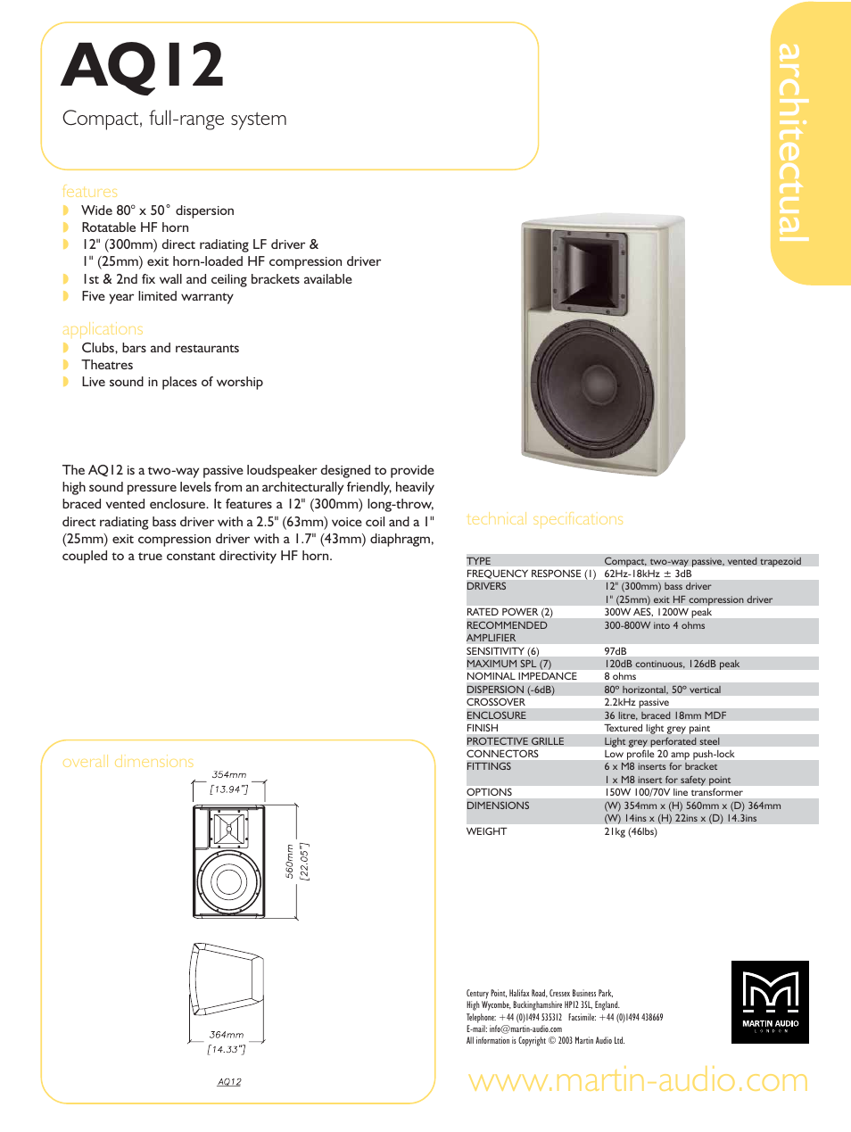 Martin Audio AQ12 User Manual | 1 page