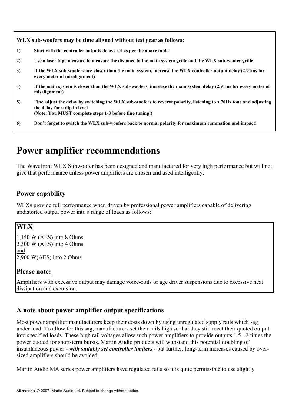 Power amplifier recommendations, Power capability | Martin Audio WLX User Manual | Page 12 / 33
