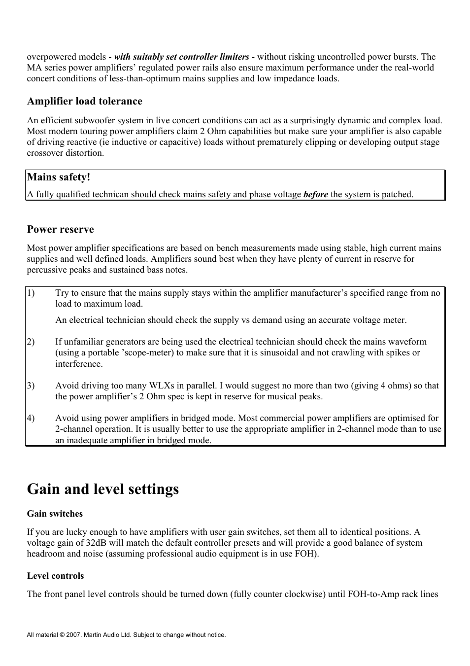 Gain and level settings, Amplifier load tolerance, Mains safety | Power reserve | Martin Audio WLX User Manual | Page 13 / 33