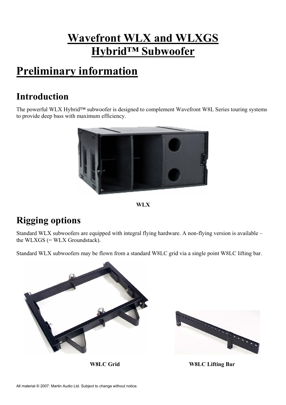 Wavefront wlx and wlxgs hybrid™ subwoofer, Preliminary information, Introduction | Rigging options | Martin Audio WLX User Manual | Page 2 / 33