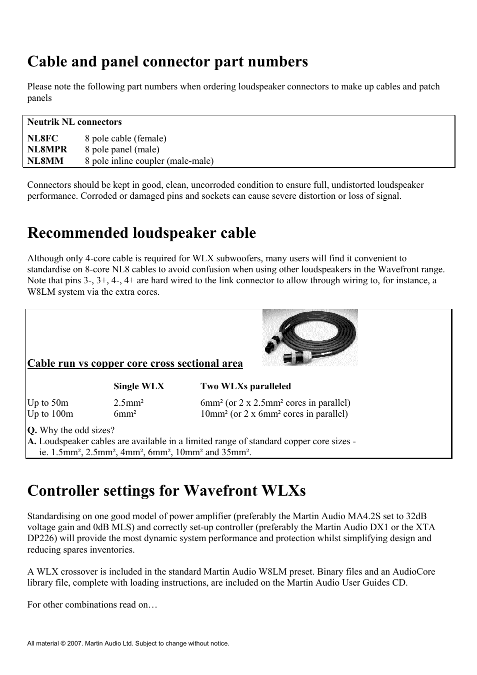 Cable and panel connector part numbers, Recommended loudspeaker cable, Controller settings for wavefront wlxs | Martin Audio WLX User Manual | Page 5 / 33