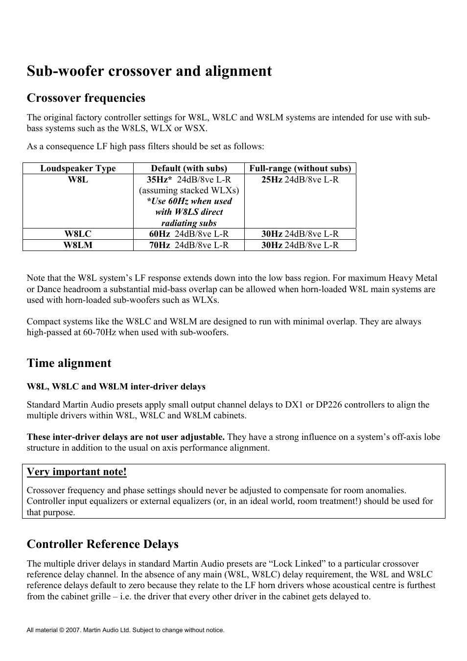 Sub-woofer crossover and alignment, Crossover frequencies, Time alignment | Controller reference delays | Martin Audio WLX User Manual | Page 6 / 33