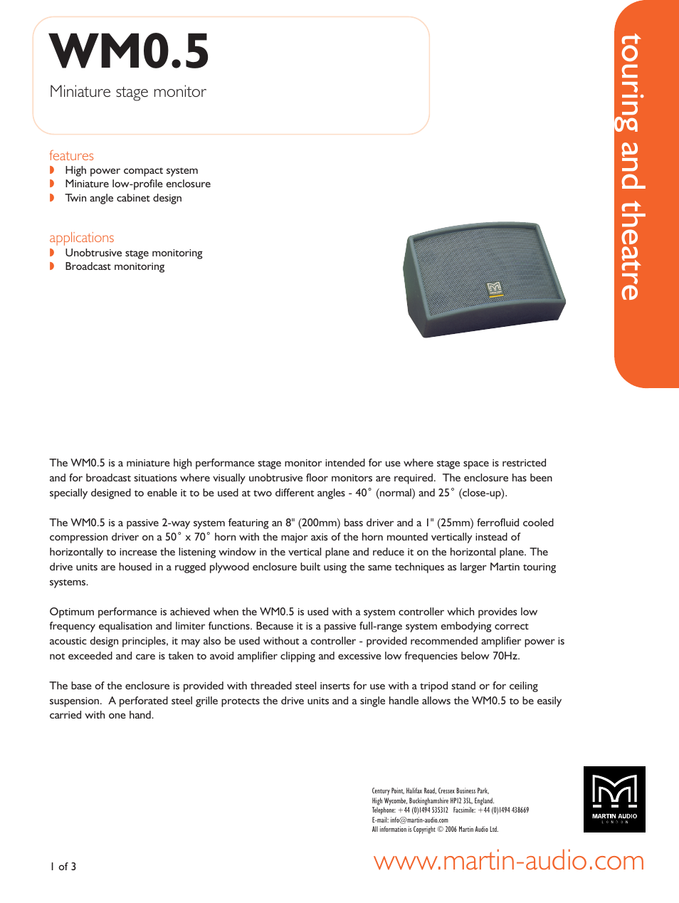 Martin Audio Miniature Stage Monitor WM0.5 User Manual | 3 pages