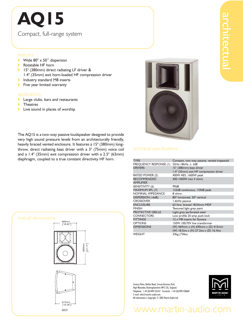 Martin Audio AQ15 User Manual | 1 page