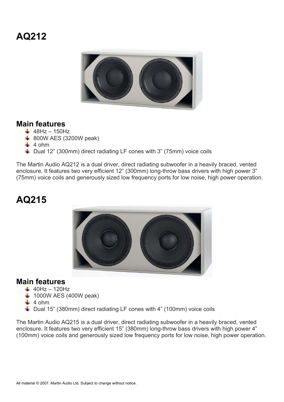 Aq212, Aq215, Main features | Martin Audio AQ Series User Manual | Page 10 / 49