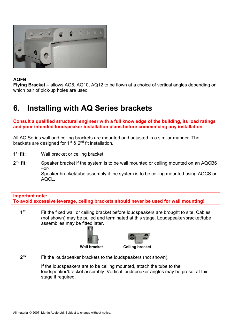 Installing with aq series brackets | Martin Audio AQ Series User Manual | Page 13 / 49