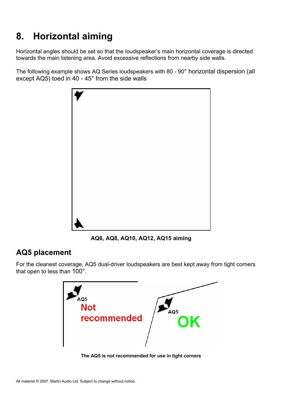 Horizontal aiming, Aq5 placement | Martin Audio AQ Series User Manual | Page 16 / 49