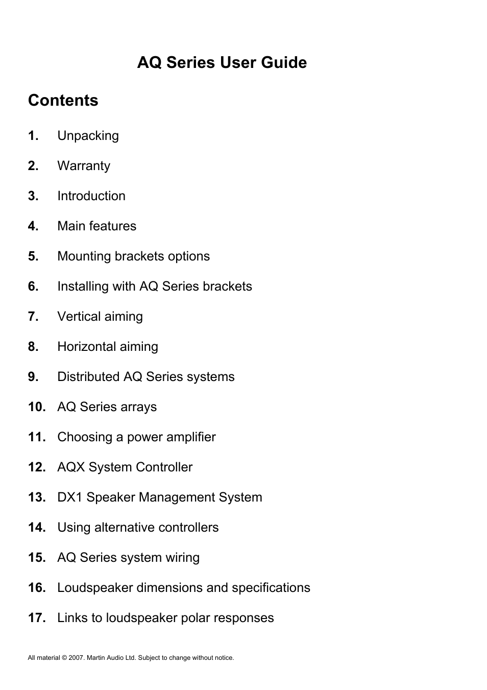 Aq series user guid e contents | Martin Audio AQ Series User Manual | Page 2 / 49