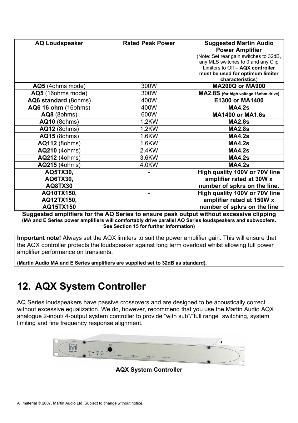 Aqx system controller | Martin Audio AQ Series User Manual | Page 20 / 49