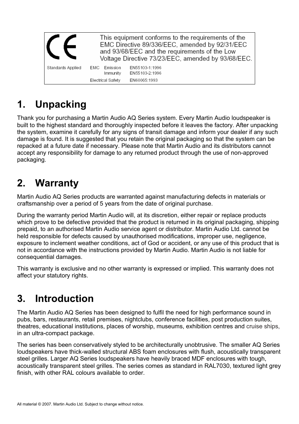 Unpacking, Warranty, Introduction | Martin Audio AQ Series User Manual | Page 3 / 49