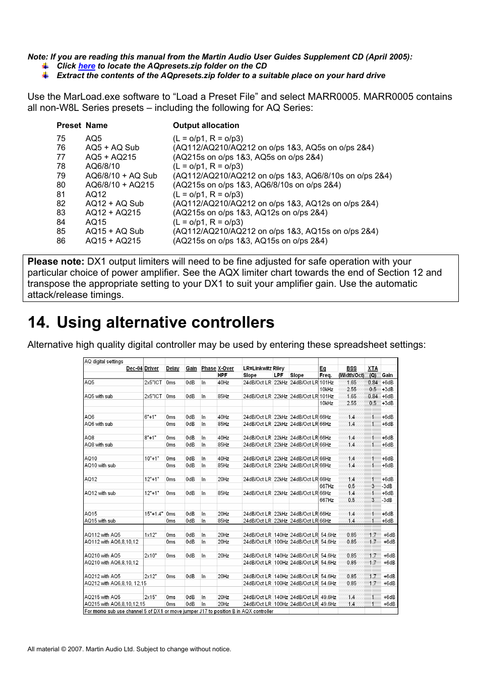 Using alternative controllers | Martin Audio AQ Series User Manual | Page 31 / 49
