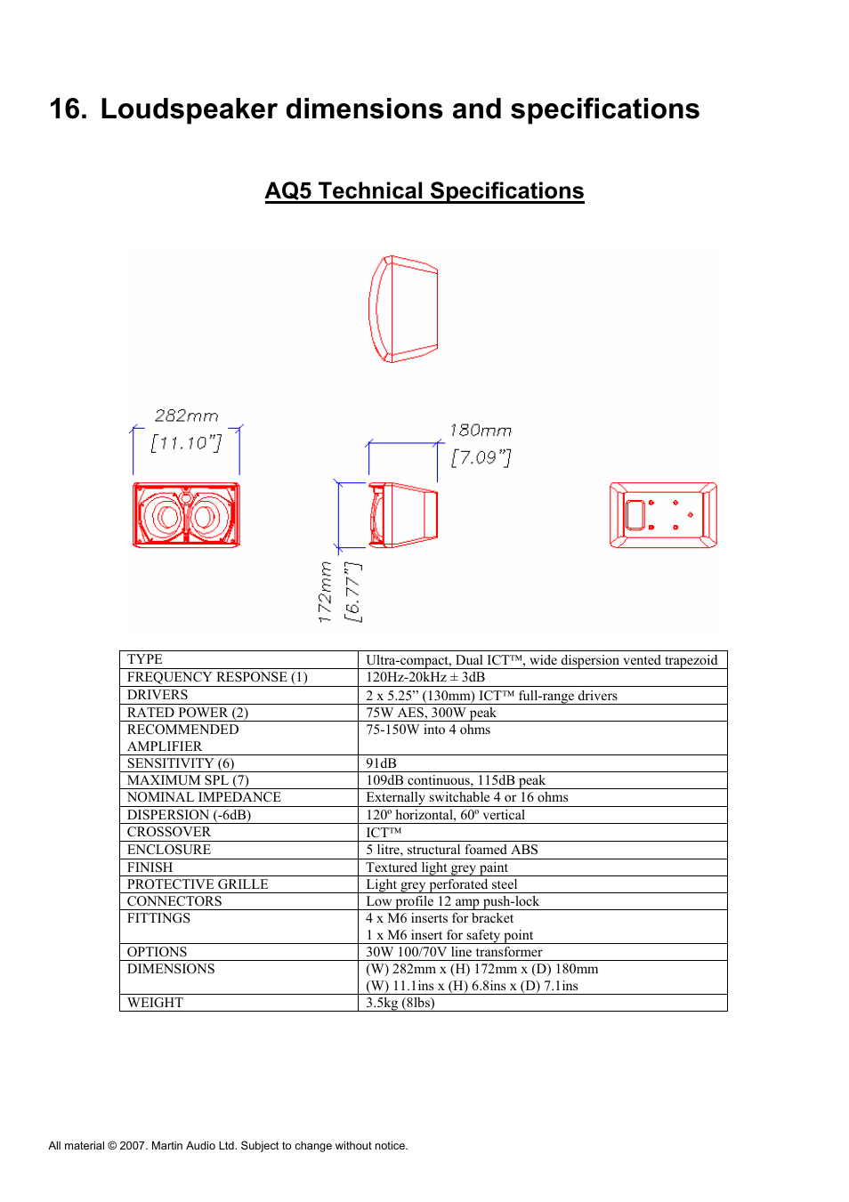 Loudspeaker dimensions and specifications, Aq5 technical specifications | Martin Audio AQ Series User Manual | Page 39 / 49