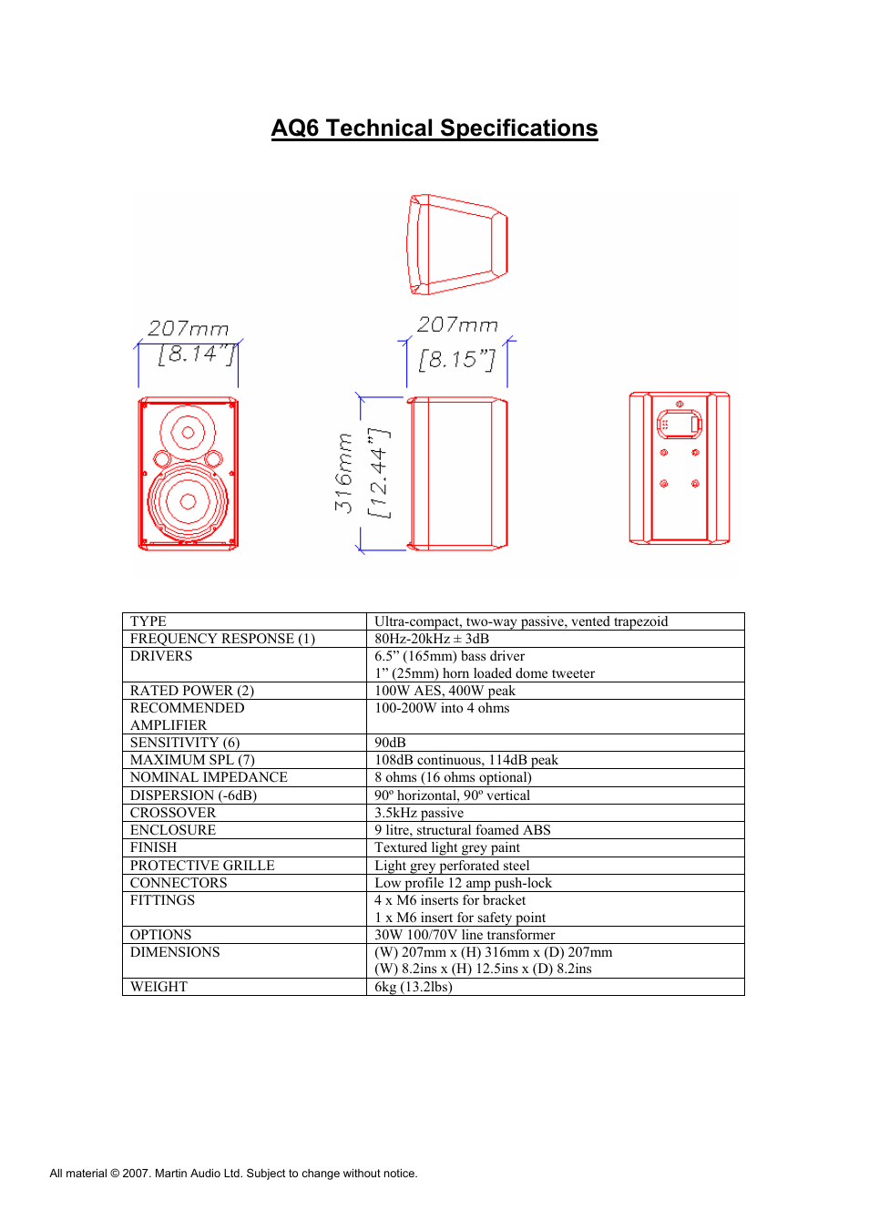 Aq6 technical specifications | Martin Audio AQ Series User Manual | Page 40 / 49
