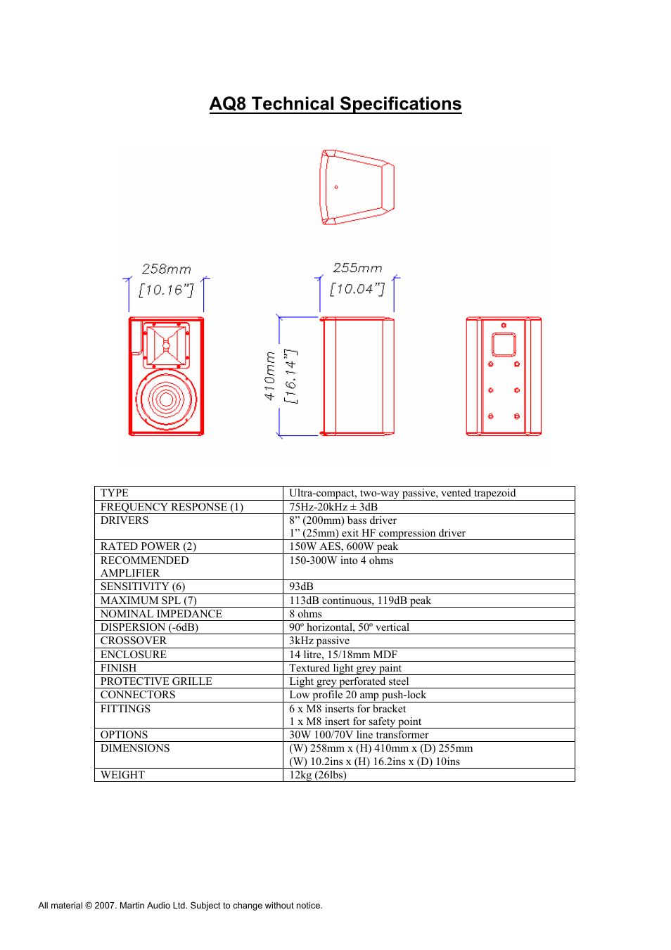 Aq8 technical specifications | Martin Audio AQ Series User Manual | Page 41 / 49