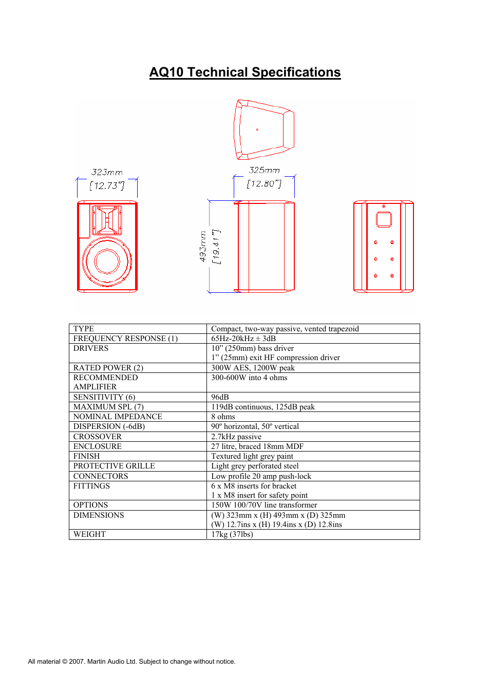 Aq10 technical specifications | Martin Audio AQ Series User Manual | Page 42 / 49