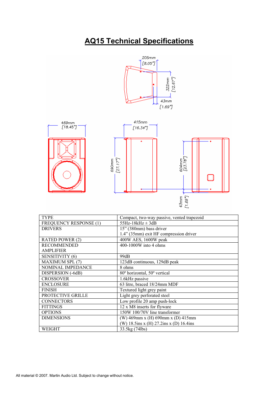 Aq15 technical specifications | Martin Audio AQ Series User Manual | Page 44 / 49