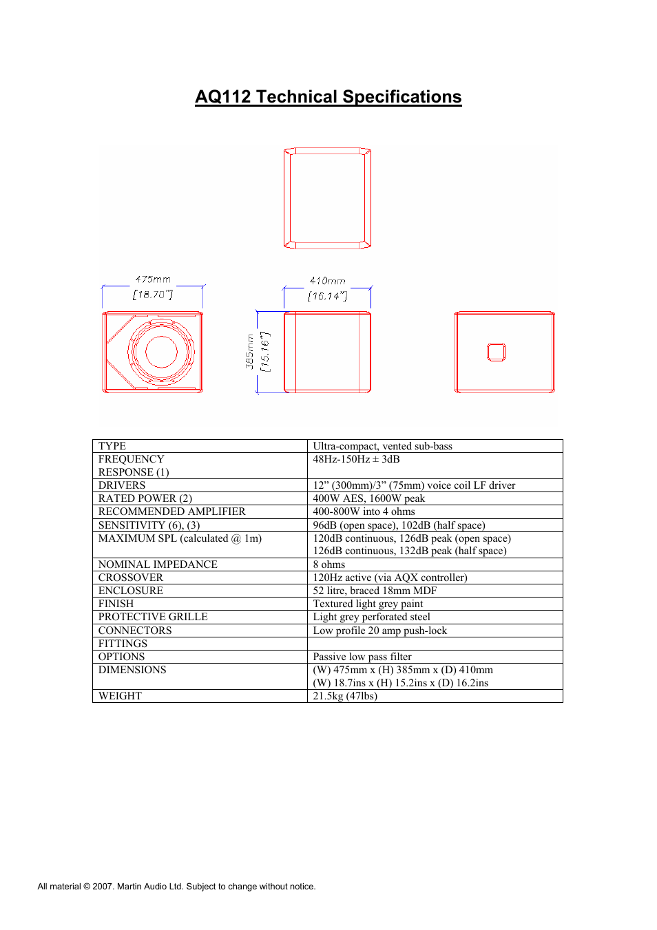 Aq112 technical specifications | Martin Audio AQ Series User Manual | Page 45 / 49