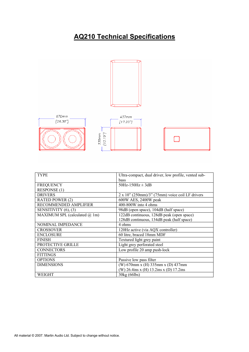 Aq210 technical specifications | Martin Audio AQ Series User Manual | Page 46 / 49