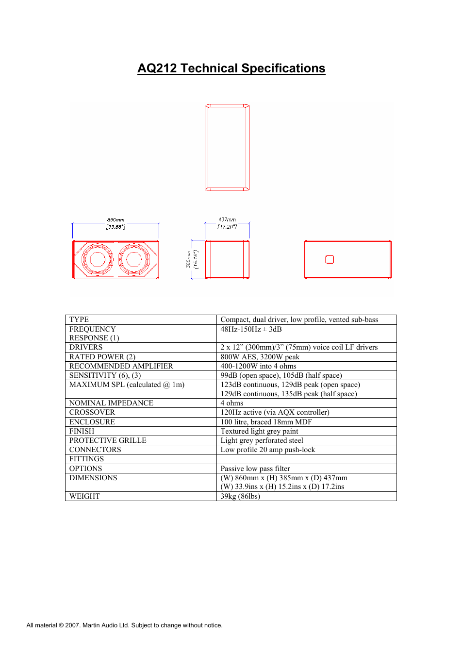 Aq212 technical specifications | Martin Audio AQ Series User Manual | Page 47 / 49