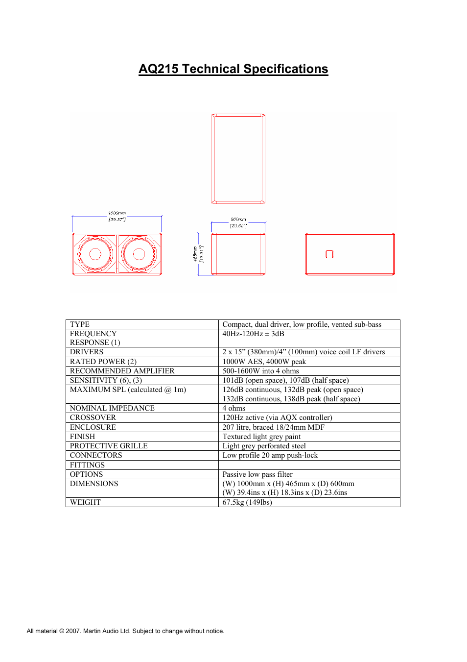 Aq215 technical specifications | Martin Audio AQ Series User Manual | Page 48 / 49