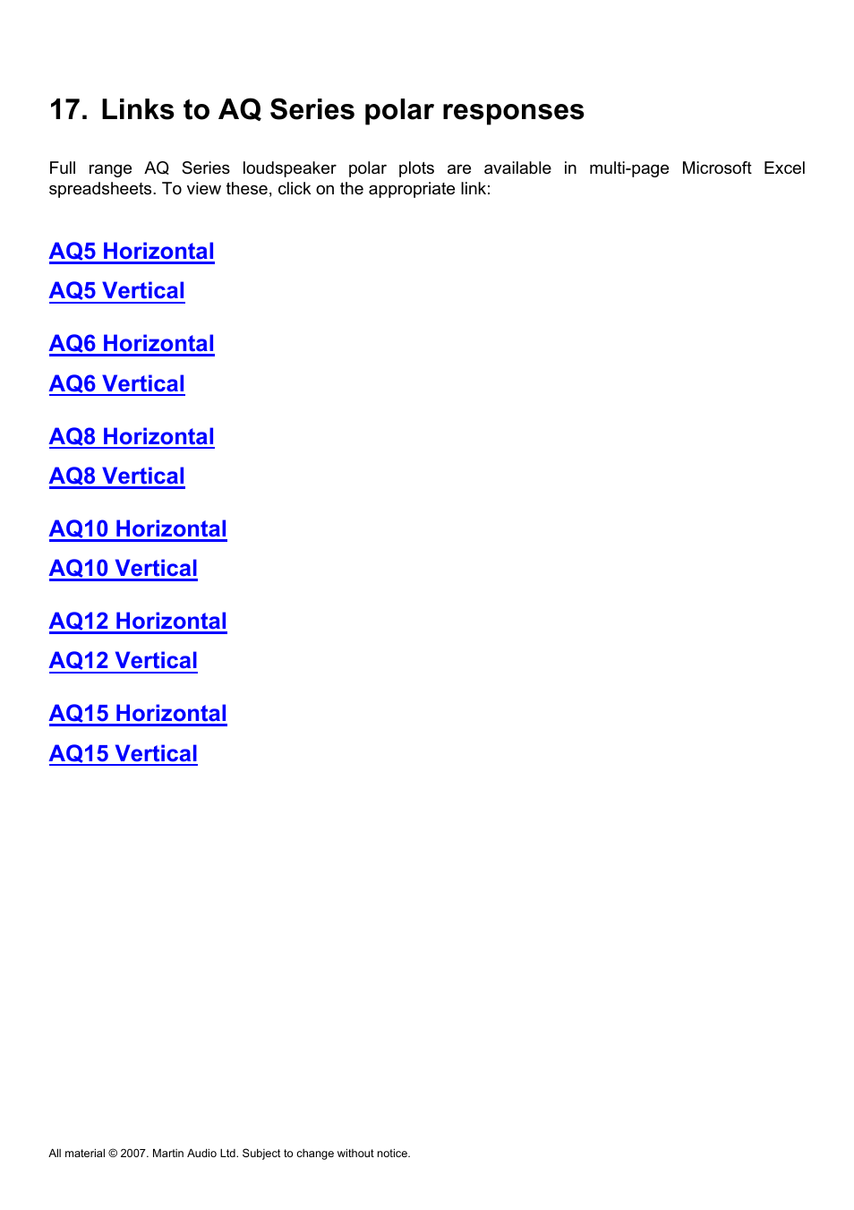 Links to loudspeaker polar responses, Links to aq series polar responses, Aq5 horizontal | Aq5 vertical aq6 horizontal, Aq6 vertical aq8 horizontal, Aq8 vertical aq10 horizontal, Aq10 vertical aq12 horizontal, Aq12 vertical aq15 horizontal, Aq15 vertical | Martin Audio AQ Series User Manual | Page 49 / 49