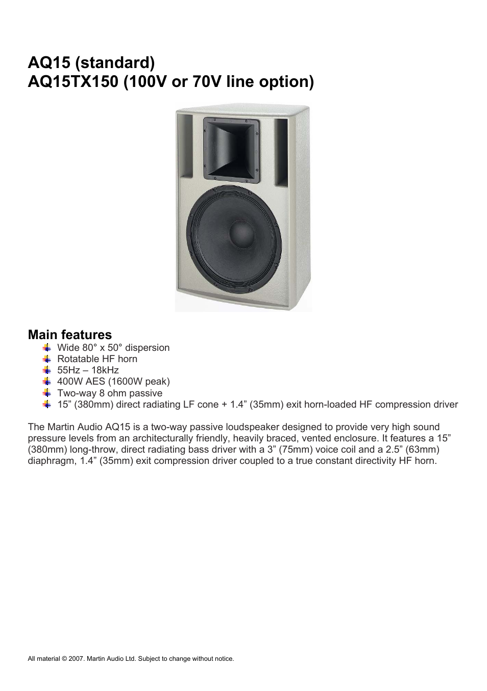 Main features | Martin Audio AQ Series User Manual | Page 8 / 49