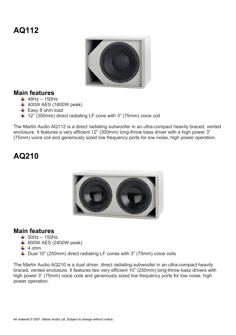 Aq112, Aq210, Main features | Martin Audio AQ Series User Manual | Page 9 / 49