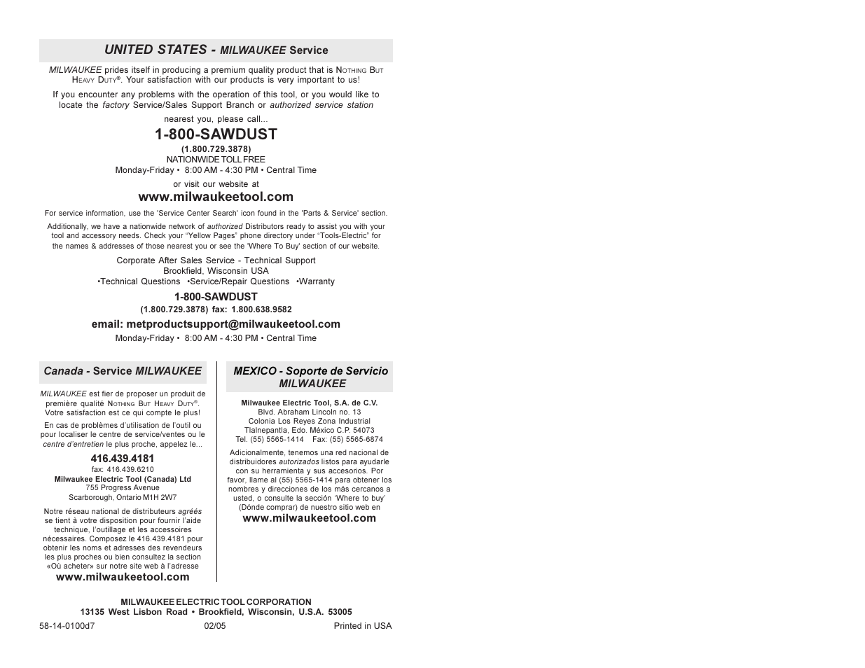 800-sawdust, United states | Milwaukee 0300-20 User Manual | Page 25 / 25