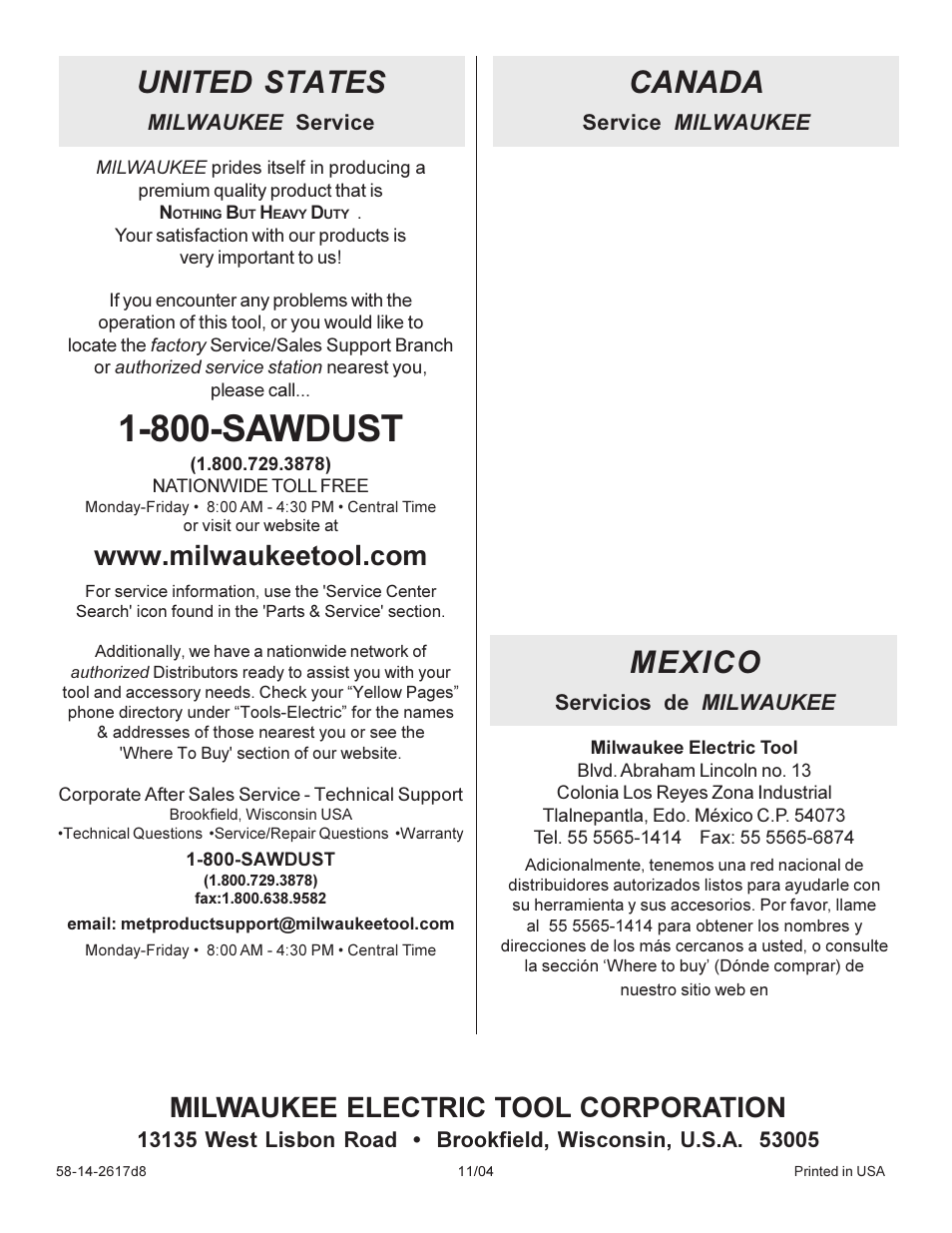 800-sawdust, United states, Canada | Mexico, Milwaukee electric tool corporation | Milwaukee 5374-1 User Manual | Page 28 / 28
