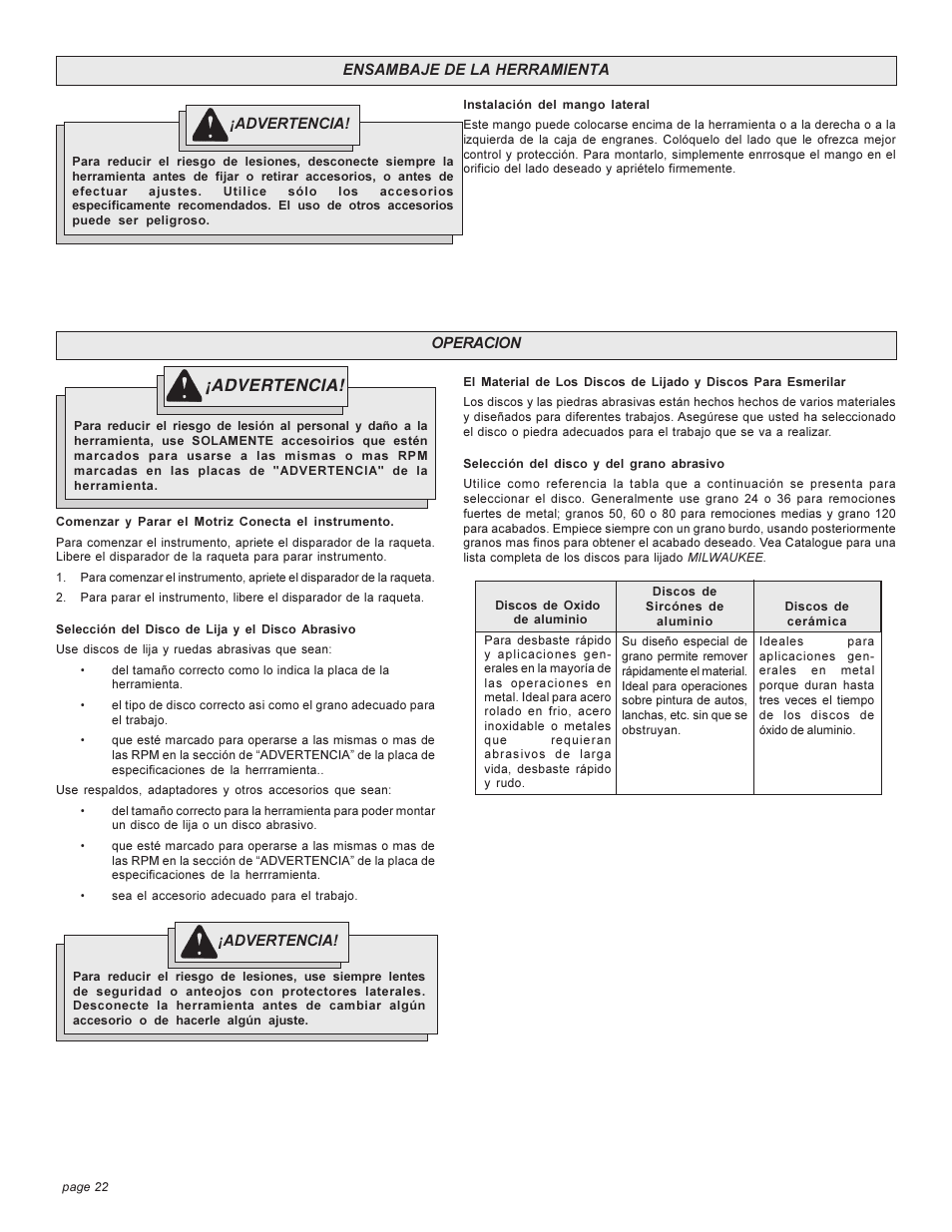 Advertencia | Milwaukee angle grinder User Manual | Page 22 / 28