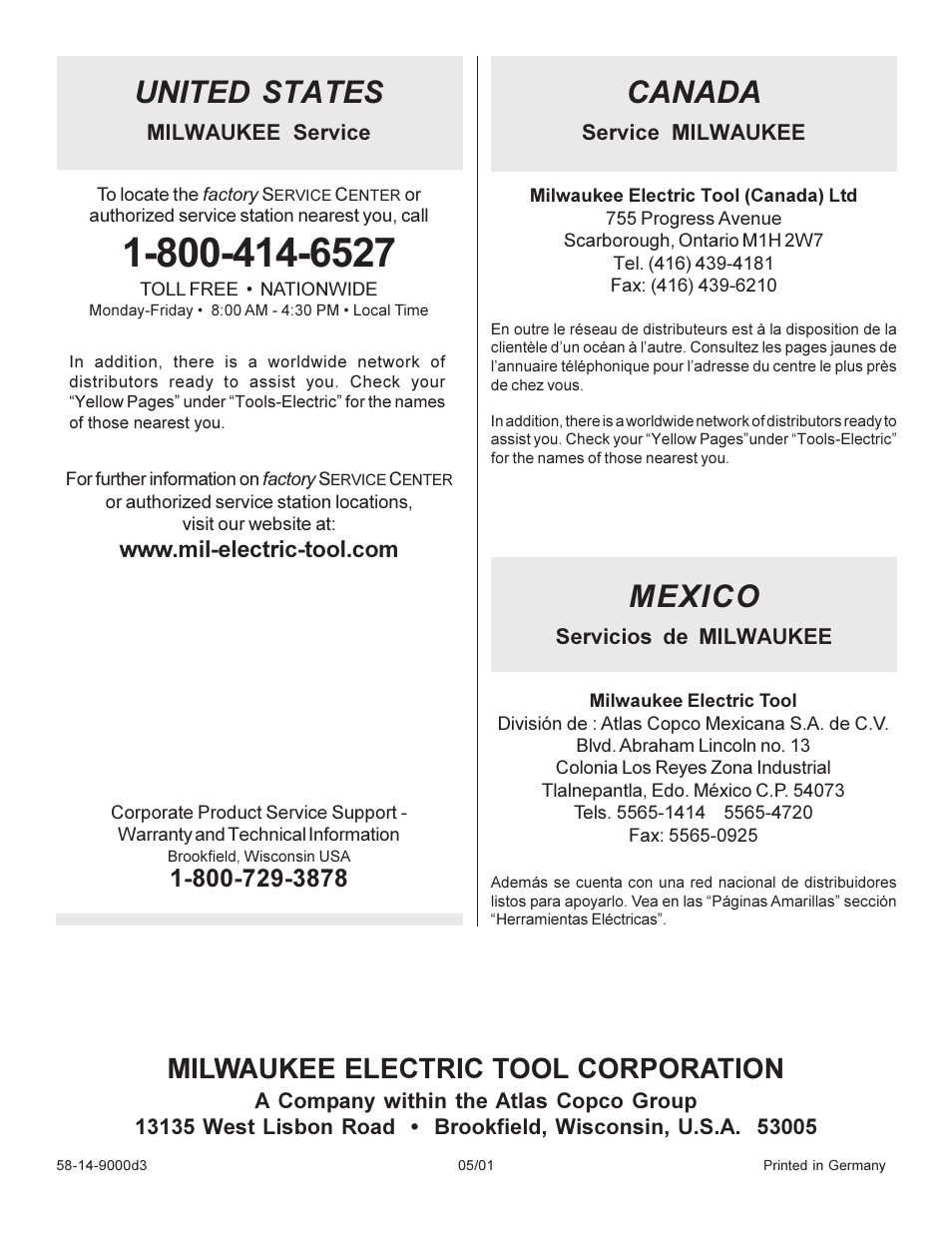 United states, Canada, Mexico | Milwaukee electric tool corporation | Milwaukee 6276 User Manual | Page 20 / 20