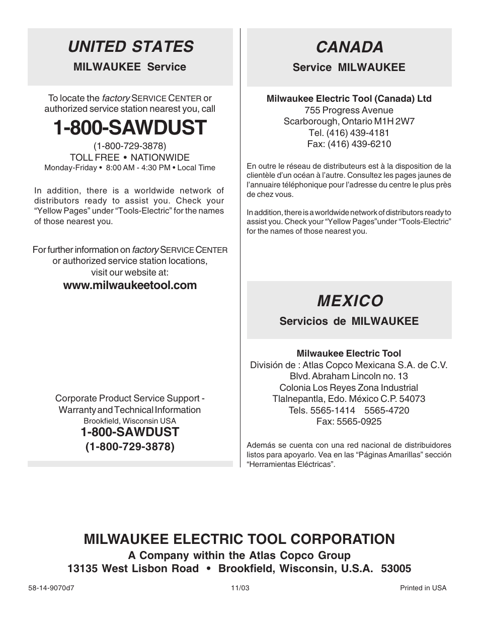 800-sawdust, United states, Canada | Mexico, Milwaukee electric tool corporation | Milwaukee Impact Wrench User Manual | Page 20 / 20