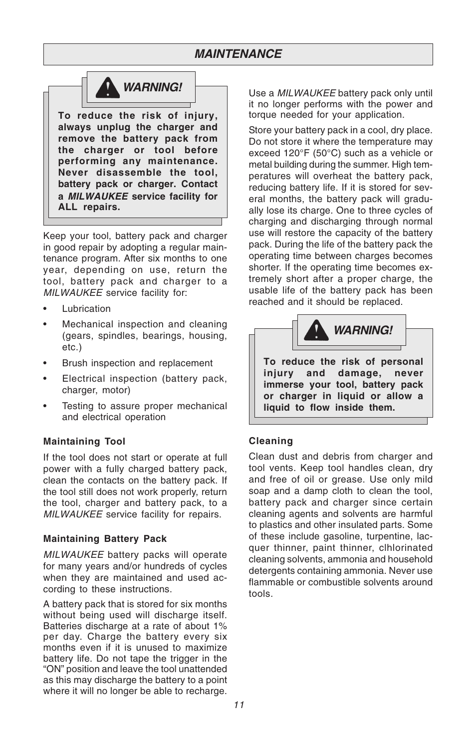 Maintenance warning, Warning | Milwaukee Hammer-Drill User Manual | Page 11 / 40