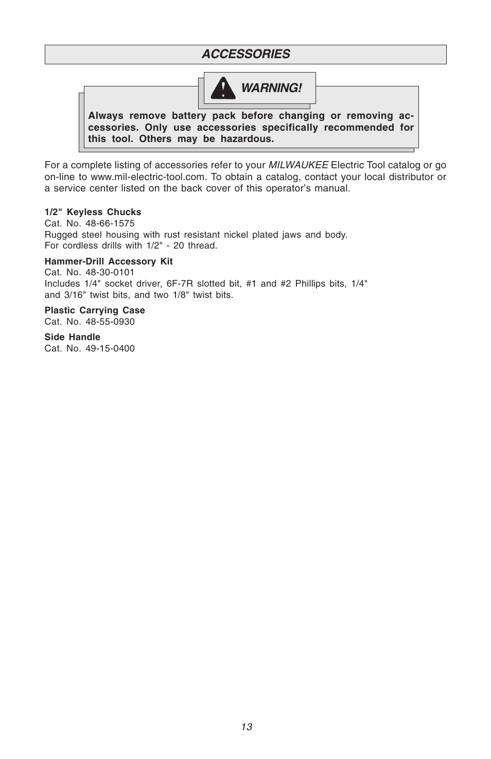 Accessories warning | Milwaukee Hammer-Drill User Manual | Page 13 / 40