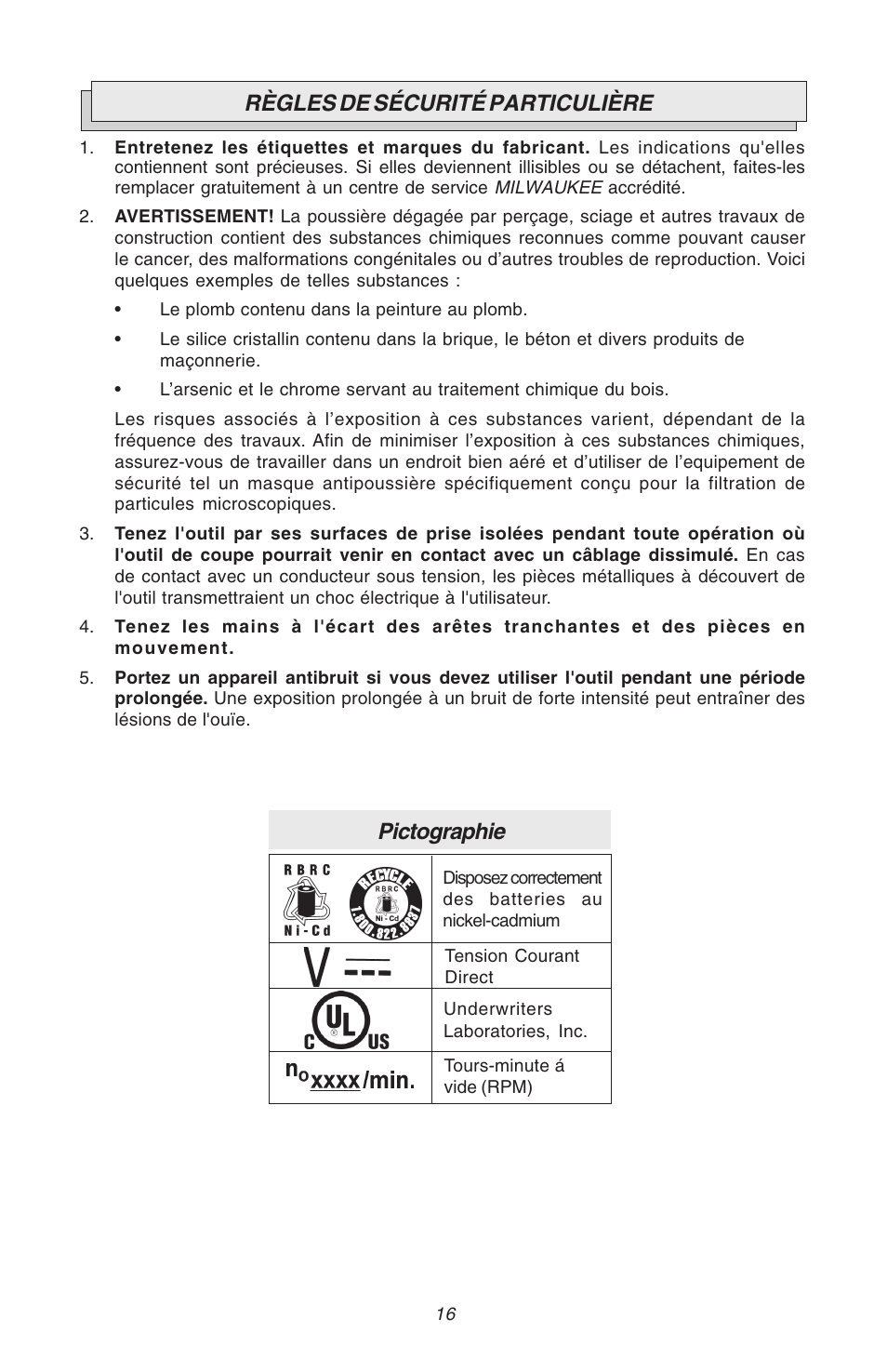 Règles de sécurité particulière, Pictographie | Milwaukee Hammer-Drill User Manual | Page 16 / 40