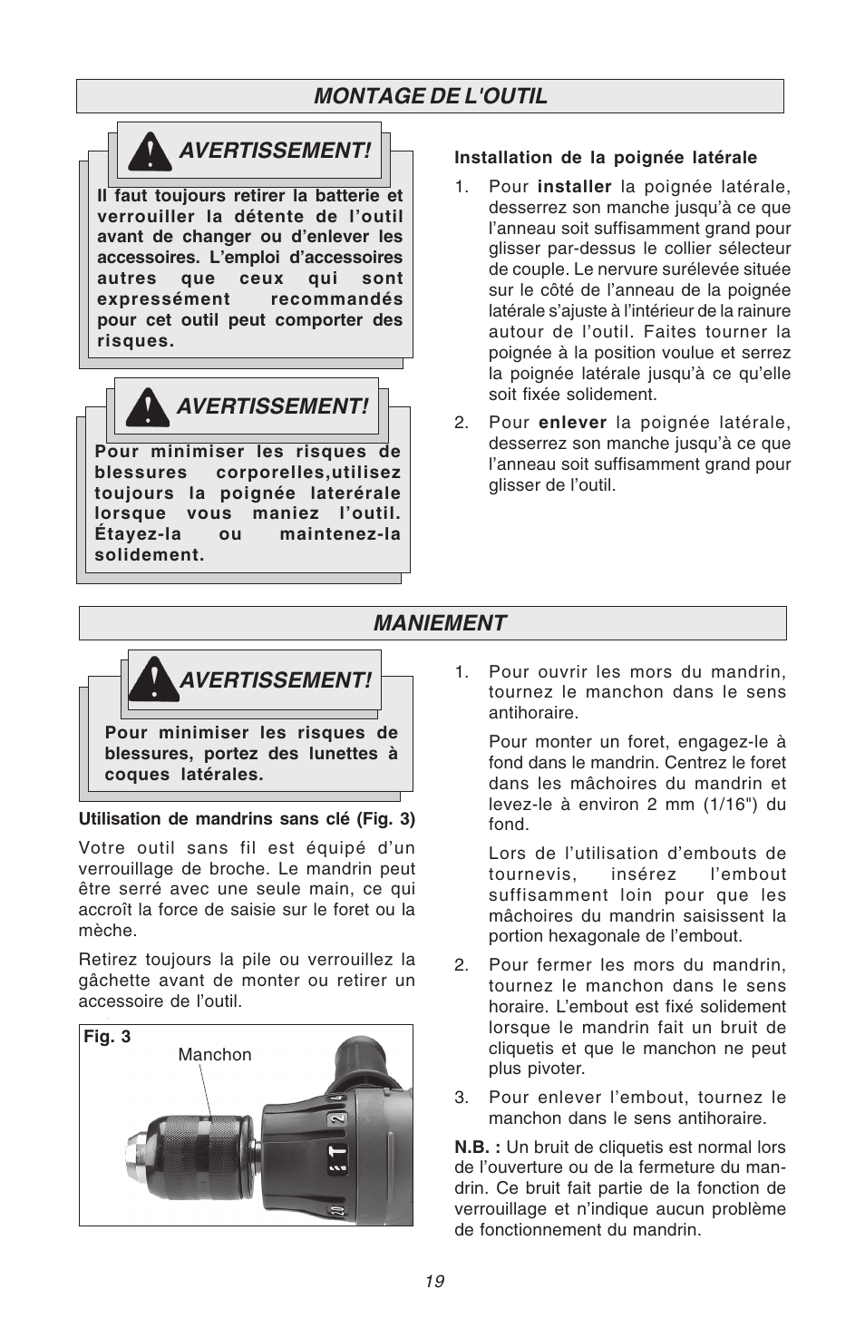 Montage de l'outil, Avertissement, Maniement avertissement | Milwaukee Hammer-Drill User Manual | Page 19 / 40