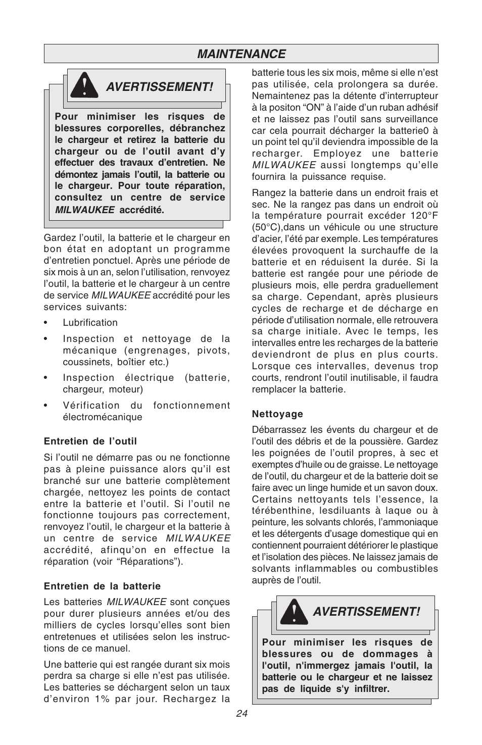 Maintenance, Avertissement | Milwaukee Hammer-Drill User Manual | Page 24 / 40