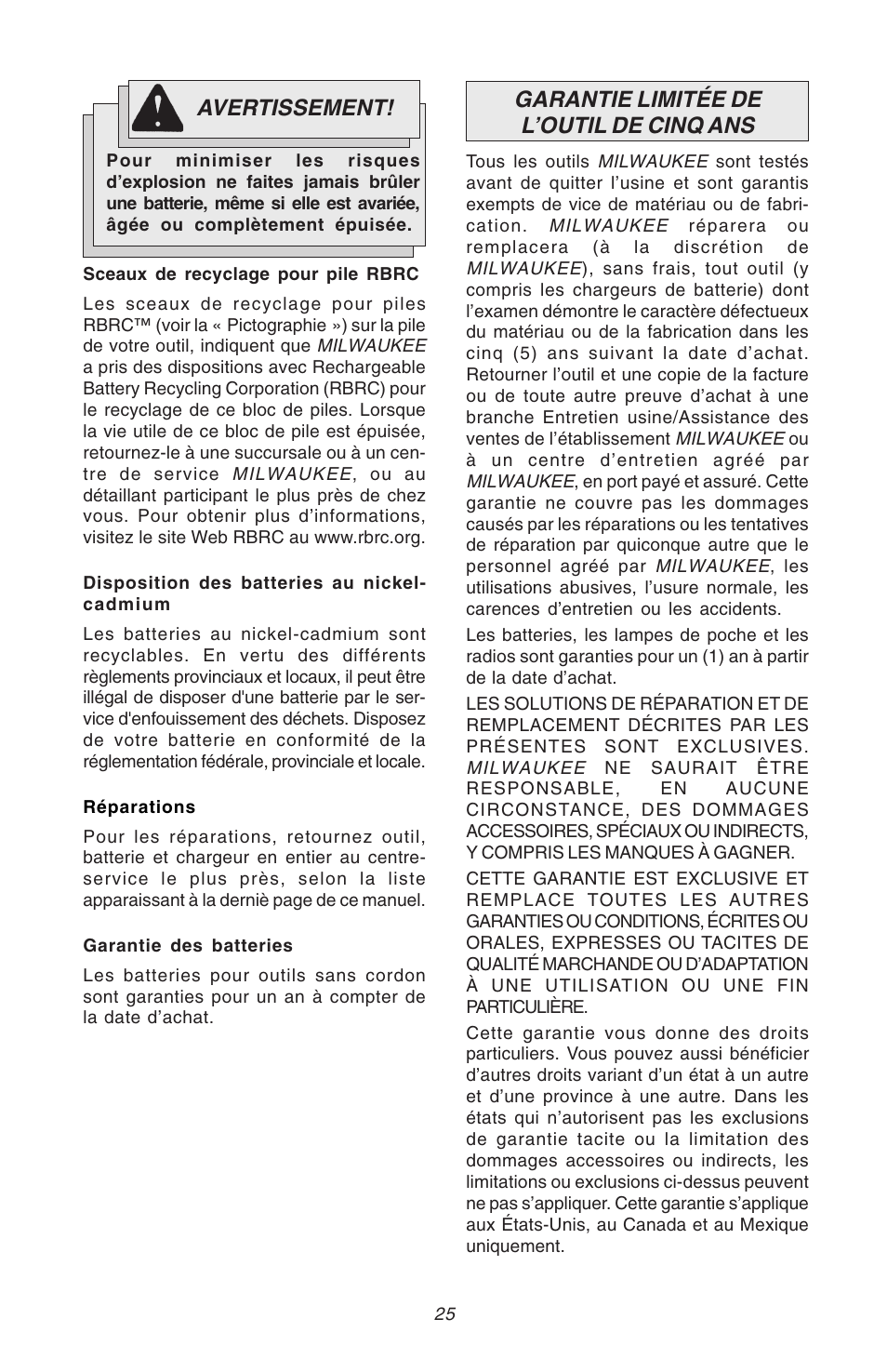 Avertissement, Garantie limitée de l’outil de cinq ans | Milwaukee Hammer-Drill User Manual | Page 25 / 40