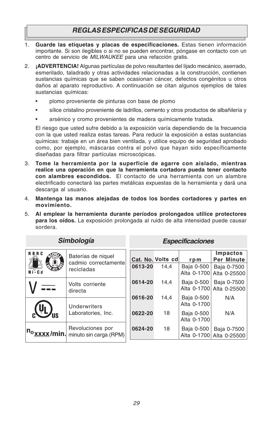 Reglas especificas de seguridad, Simbología, Especificaciones | Milwaukee Hammer-Drill User Manual | Page 29 / 40