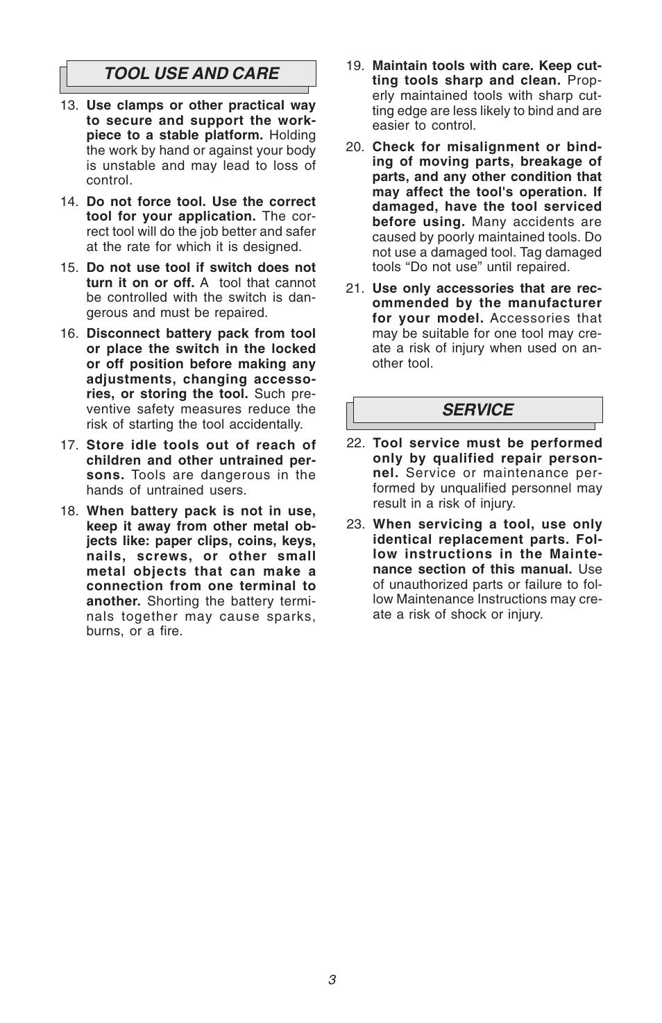 Tool use and care, Service | Milwaukee Hammer-Drill User Manual | Page 3 / 40