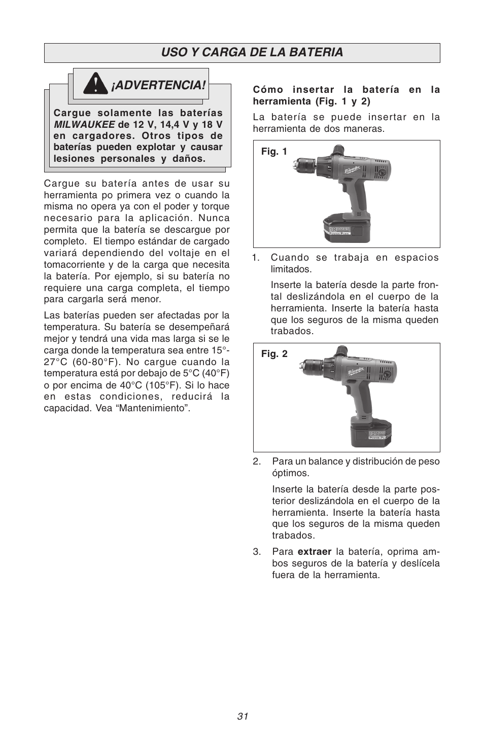 Uso y carga de la bateria, Advertencia | Milwaukee Hammer-Drill User Manual | Page 31 / 40