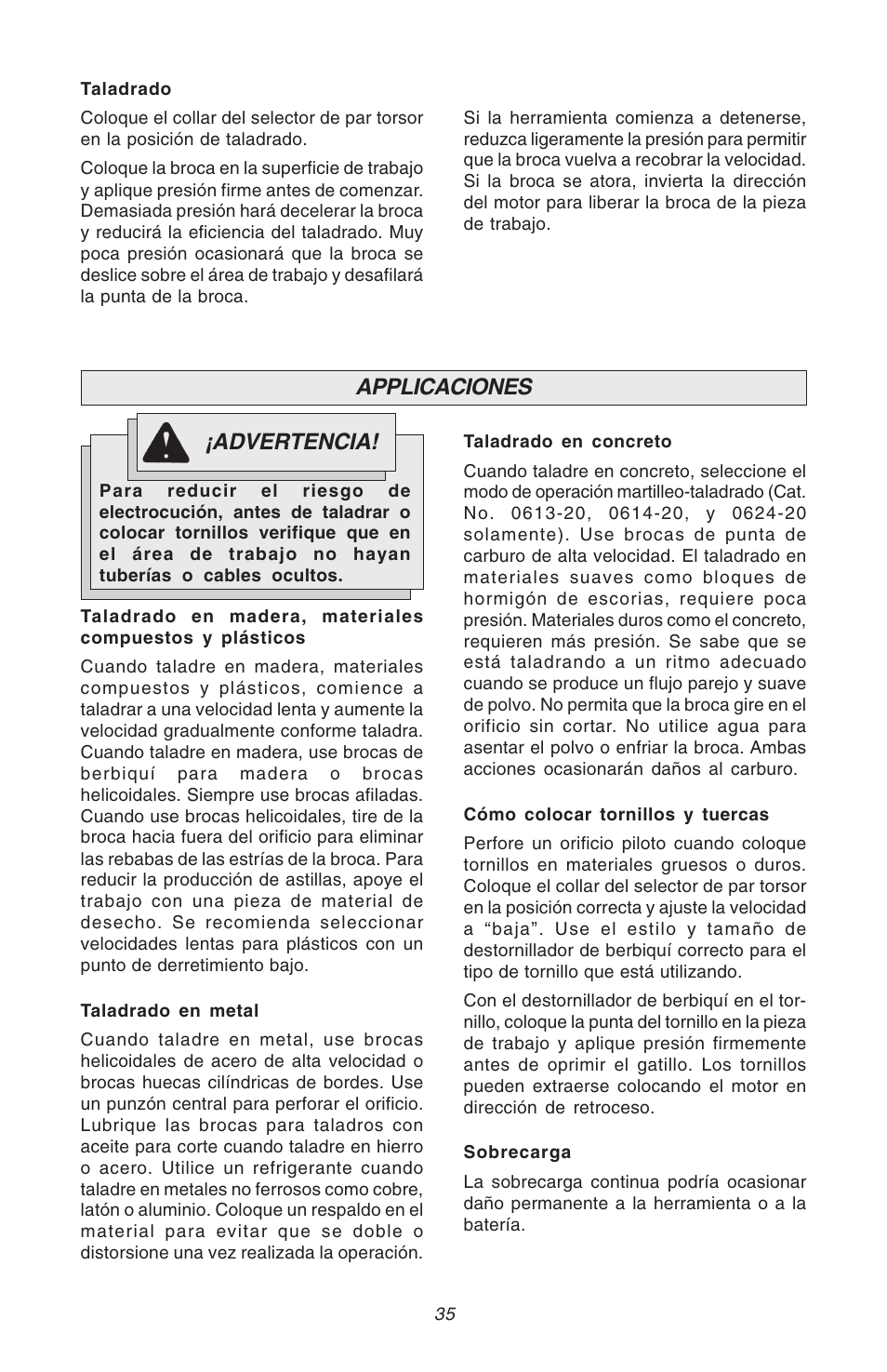 Applicaciones, Advertencia | Milwaukee Hammer-Drill User Manual | Page 35 / 40