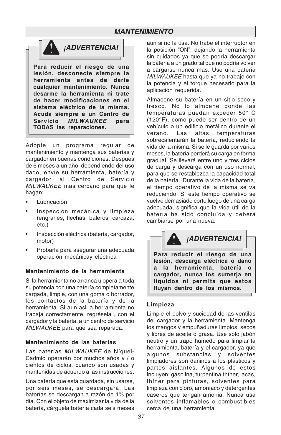 Advertencia, Mantenimiento | Milwaukee Hammer-Drill User Manual | Page 37 / 40