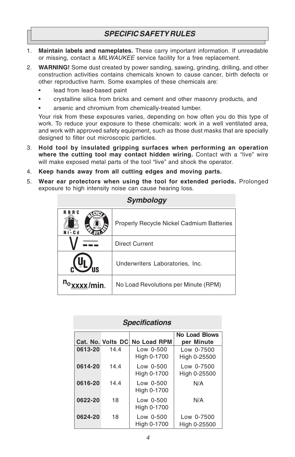 Specific safety rules, Specifications, Symbology | Milwaukee Hammer-Drill User Manual | Page 4 / 40