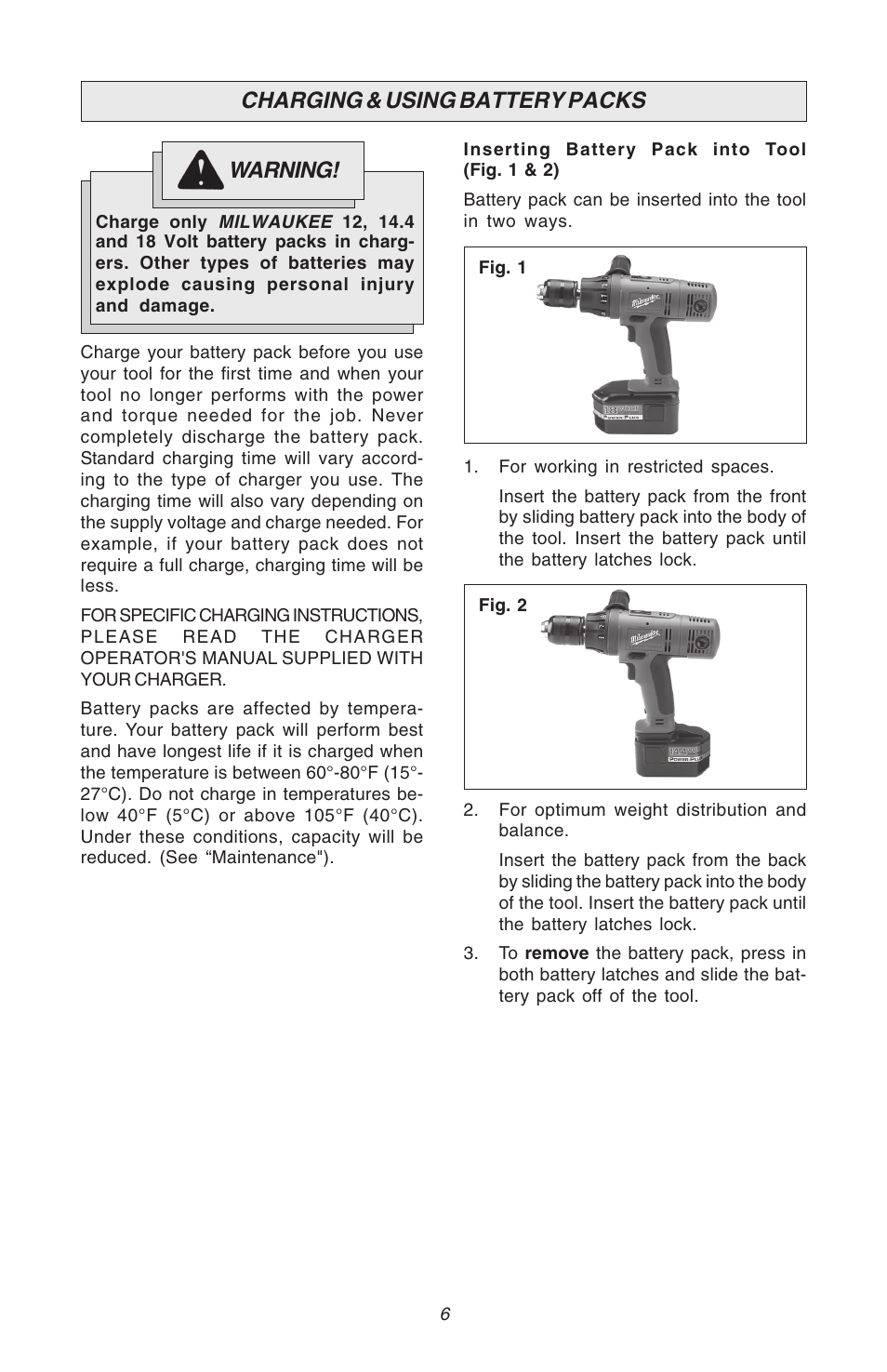 Charging & using battery packs warning | Milwaukee Hammer-Drill User Manual | Page 6 / 40