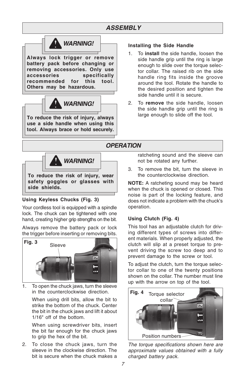 Warning! assembly, Warning, Operation | Milwaukee Hammer-Drill User Manual | Page 7 / 40