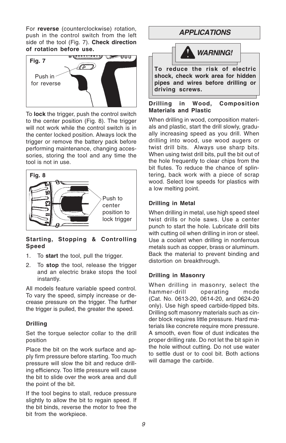 Applications, Warning | Milwaukee Hammer-Drill User Manual | Page 9 / 40